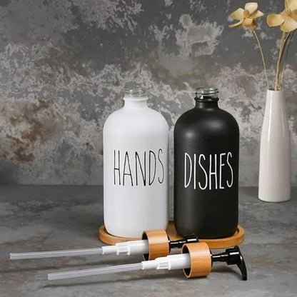 Glass Liquid Dispenser Bottle With Wooden Tray