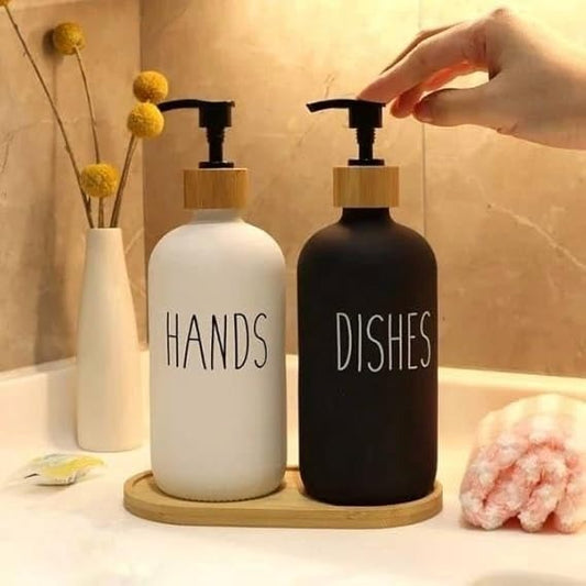 Glass Liquid Dispenser Bottle With Wooden Tray