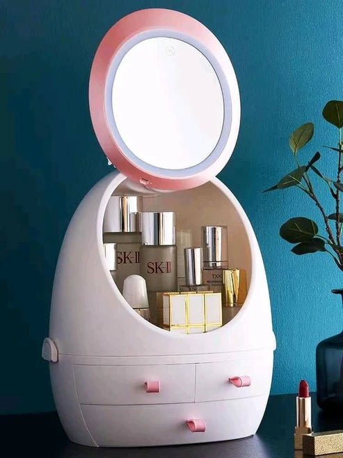 Oval Mirror Cosmetic Storage Organizer | LED Light Makeup Storage Box