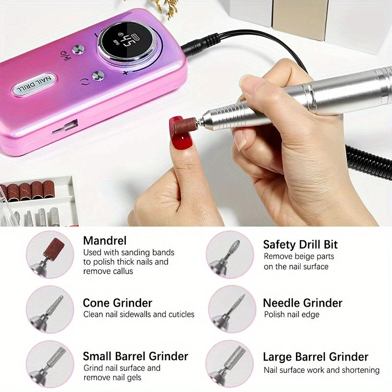6pcs-Portable Nail Drill Electric File 45000RPM Professional Rechargeable Nail Sander Cordless Nail Drill for Acrylic Nails Remo