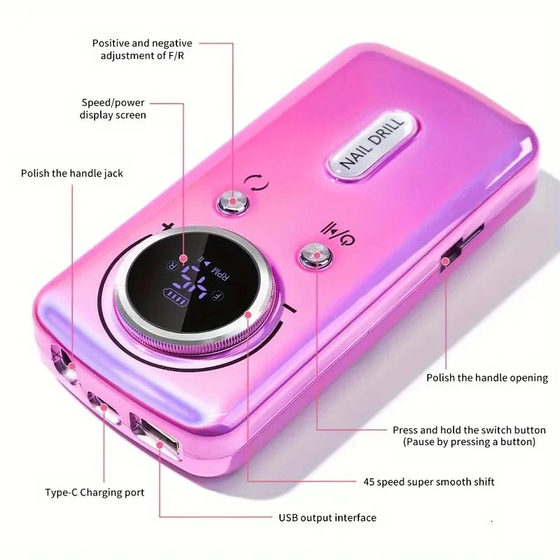 6pcs-Portable Nail Drill Electric File 45000RPM Professional Rechargeable Nail Sander Cordless Nail Drill for Acrylic Nails Remo
